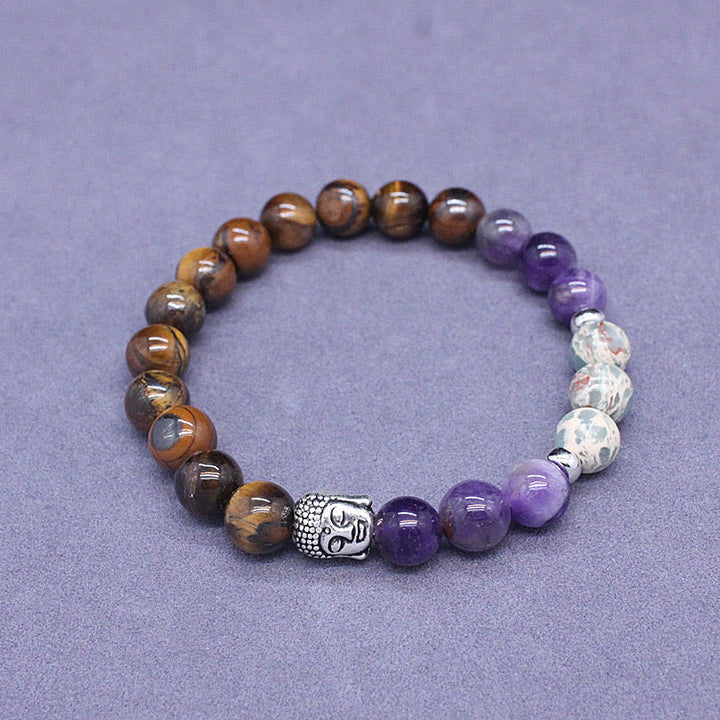 Buddha Stones Naturalny Czarny Onyks Biały Kamień Zielony Awenturyn Tygrysie Oko Agat Mieszany Kolor Bransoletka Ochronna Głowy Buddy