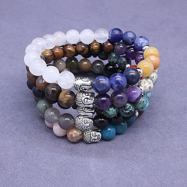 Buddha Stones Naturalny Czarny Onyks Biały Kamień Zielony Awenturyn Tygrysie Oko Agat Mieszany Kolor Bransoletka Ochronna Głowy Buddy