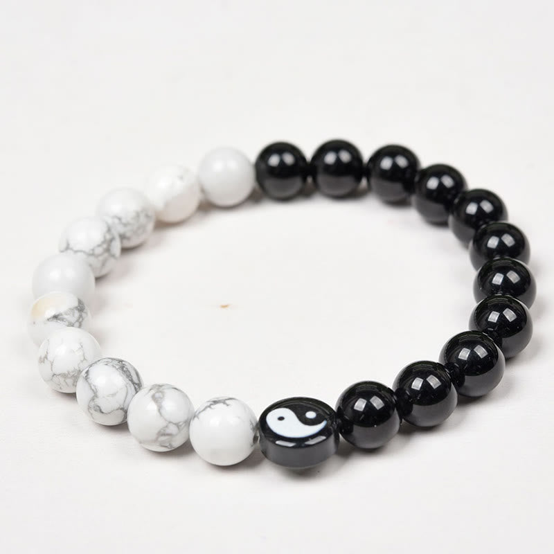 Buddha Stones Naturalny Obsydian Biały Turkus Yinyang Tai Chi Bransoletka Siłowa