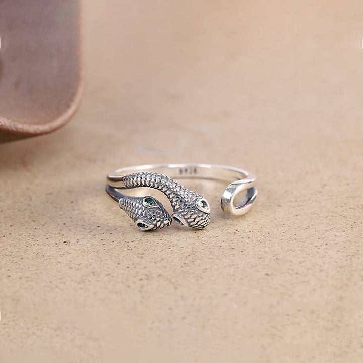 Buddha Stones 925 Srebro Sterling Rok Węża Dwugłowy Wąż Regulowany Otwarty Pierścień