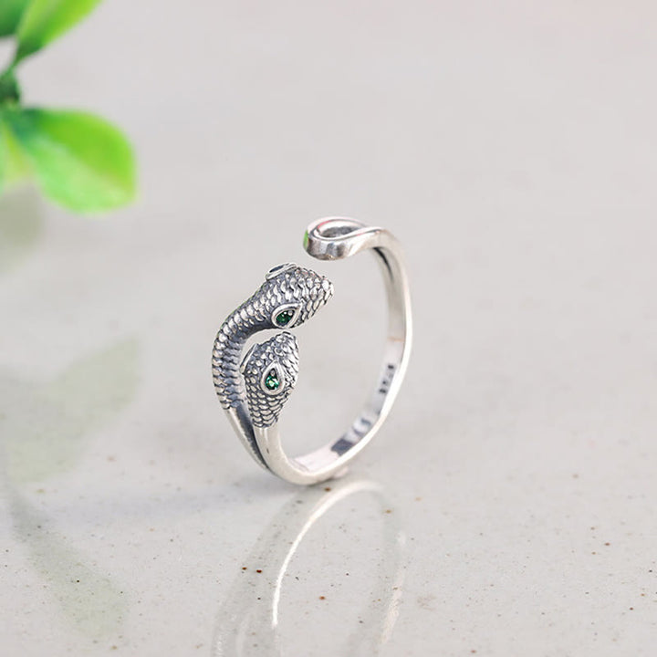 Buddha Stones 925 Srebro Sterling Rok Węża Dwugłowy Wąż Regulowany Otwarty Pierścień