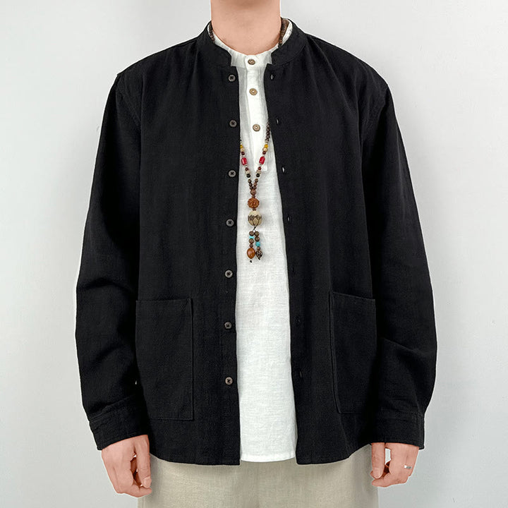 Koszula męska z kieszeniami Buddha Stones Casual Solid Color, lniana, bawełniana, z ramią i kieszeniami