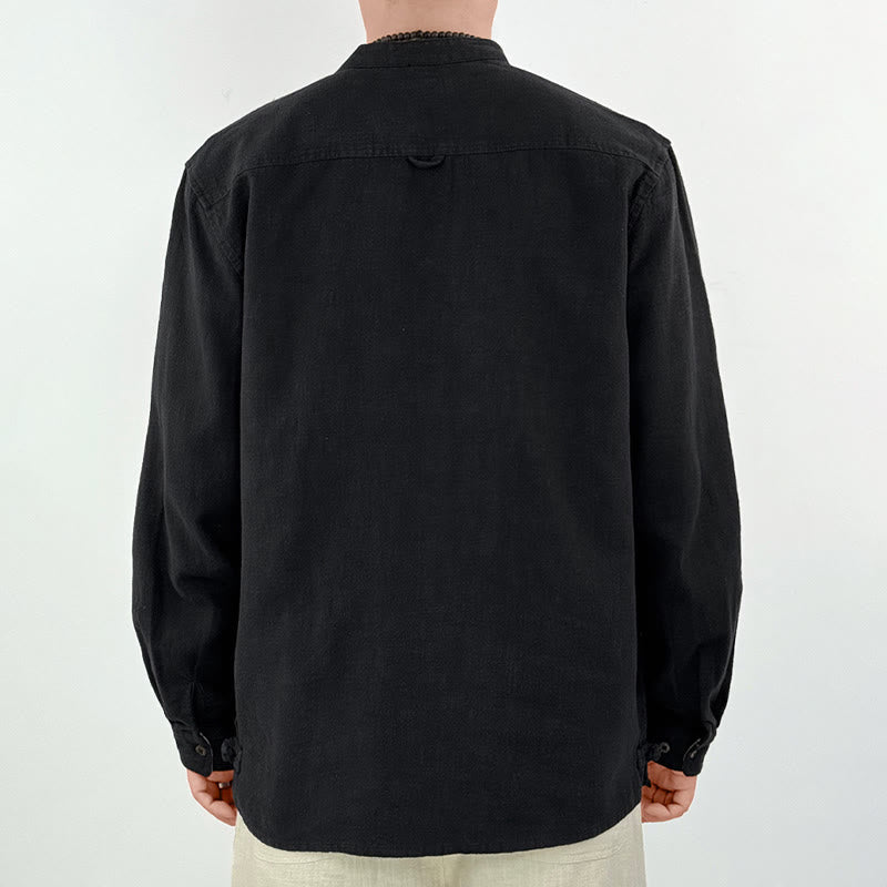 Koszula męska z kieszeniami Buddha Stones Casual Solid Color, lniana, bawełniana, z ramią i kieszeniami - image 7