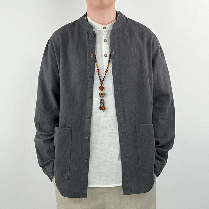 Koszula męska z kieszeniami Buddha Stones Casual Solid Color, lniana, bawełniana, z ramią i kieszeniami - image 2