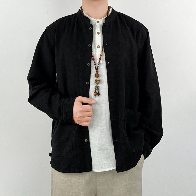 Koszula męska z kieszeniami Buddha Stones Casual Solid Color, lniana, bawełniana, z ramią i kieszeniami