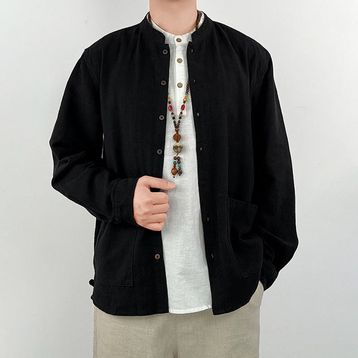Koszula męska z kieszeniami Buddha Stones Casual Solid Color, lniana, bawełniana, z ramią i kieszeniami