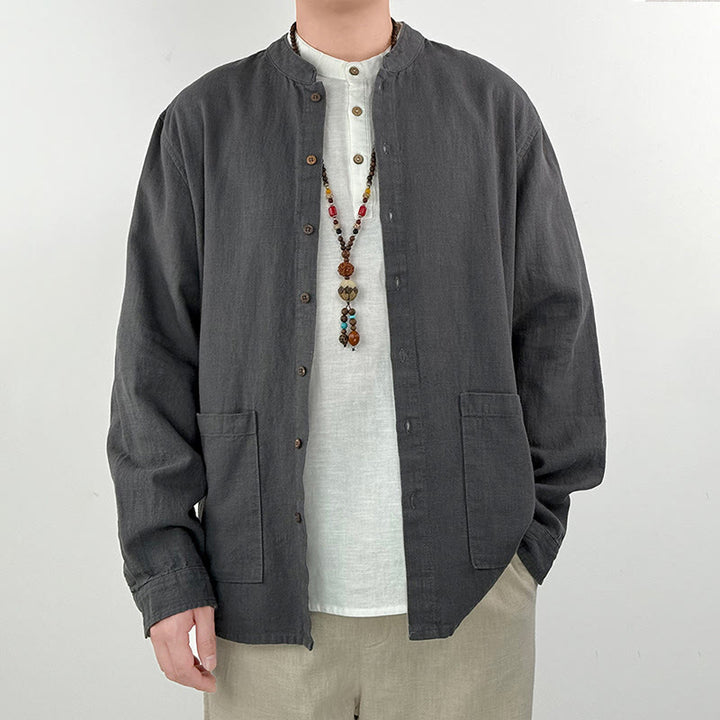 Koszula męska z kieszeniami Buddha Stones Casual Solid Color, lniana, bawełniana, z ramią i kieszeniami