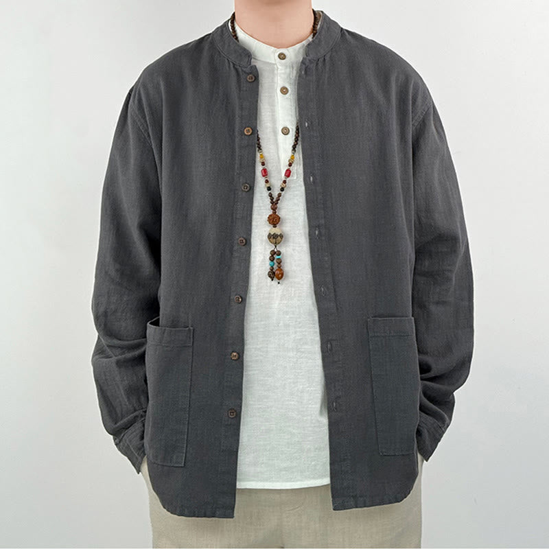 Koszula męska z kieszeniami Buddha Stones Casual Solid Color, lniana, bawełniana, z ramią i kieszeniami - image 1