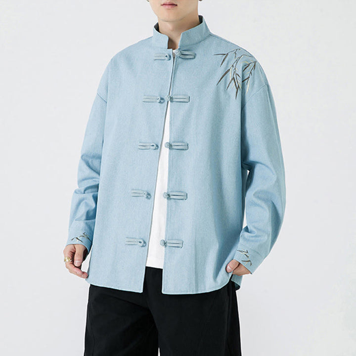 Buddha Stones Bambusowe Liście Wzór Żaba-guzik Tang Suit Bawełniana Męska Kurtka Koszula
