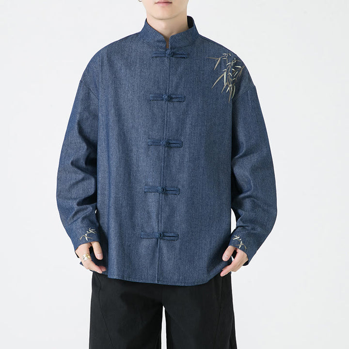 Buddha Stones Bambusowe Liście Wzór Żaba-guzik Tang Suit Bawełniana Męska Kurtka Koszula