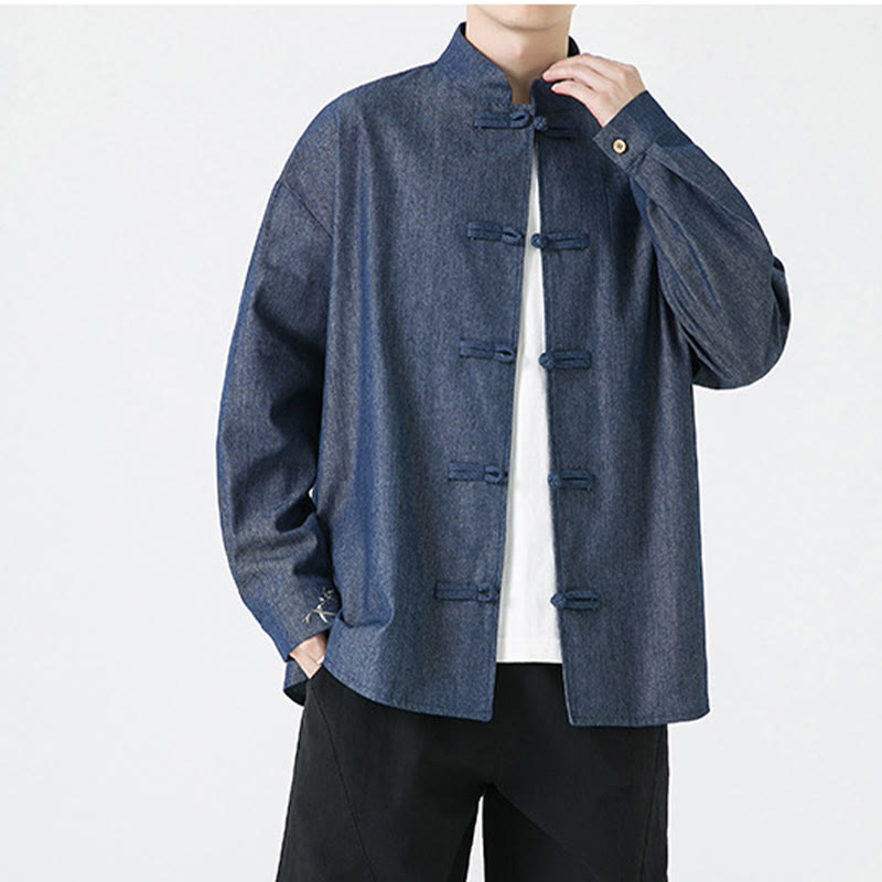 Buddha Stones Bambusowe Liście Wzór Żaba-guzik Tang Suit Bawełniana Męska Kurtka Koszula