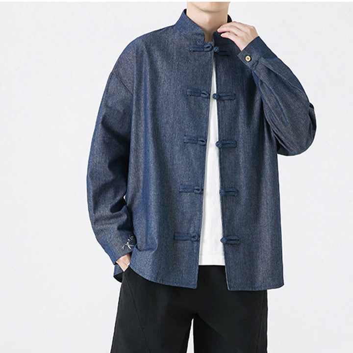 Buddha Stones Bambusowe Liście Wzór Żaba-guzik Tang Suit Bawełniana Męska Kurtka Koszula