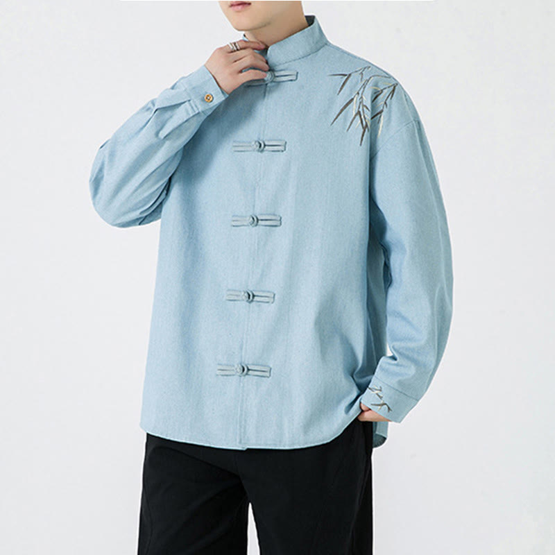 Buddha Stones Bambusowe Liście Wzór Żaba-guzik Tang Suit Bawełniana Męska Kurtka Koszula