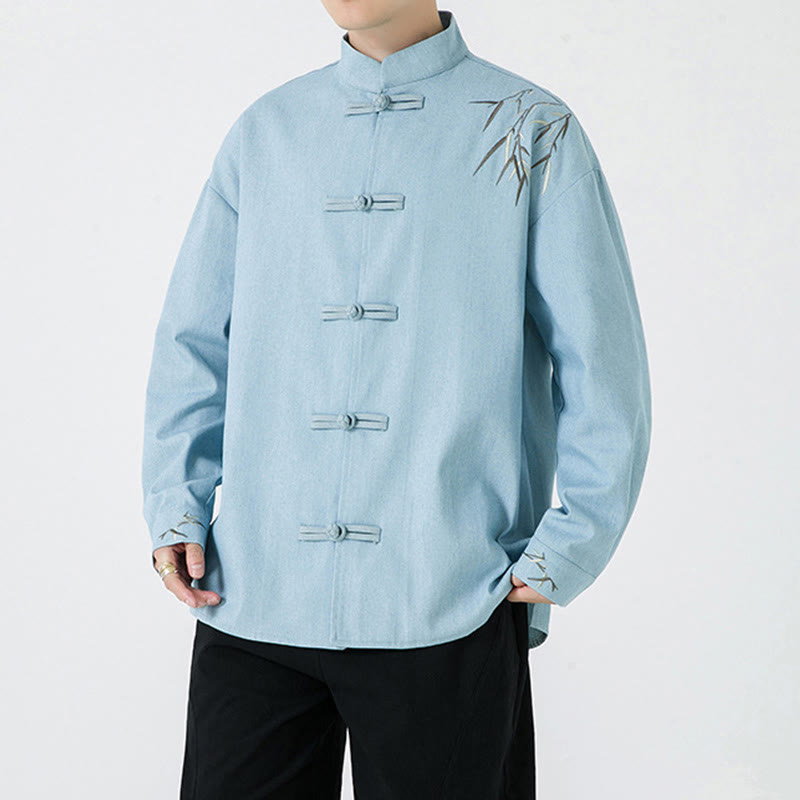 Buddha Stones Bambusowe Liście Wzór Żaba-guzik Tang Suit Bawełniana Męska Kurtka Koszula