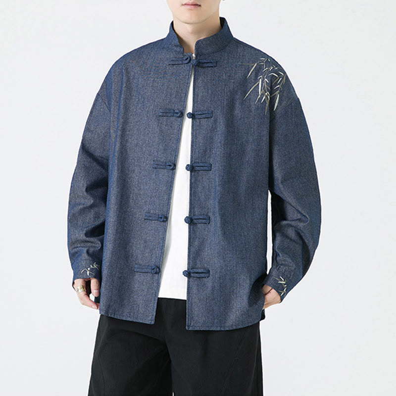 Buddha Stones Bambusowe Liście Wzór Żaba-guzik Tang Suit Bawełniana Męska Kurtka Koszula