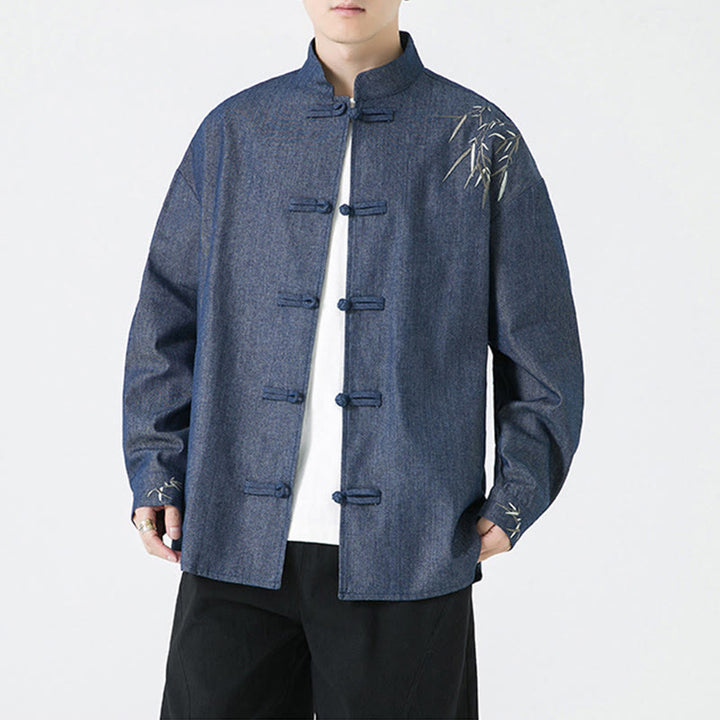 Buddha Stones Bambusowe Liście Wzór Żaba-guzik Tang Suit Bawełniana Męska Kurtka Koszula