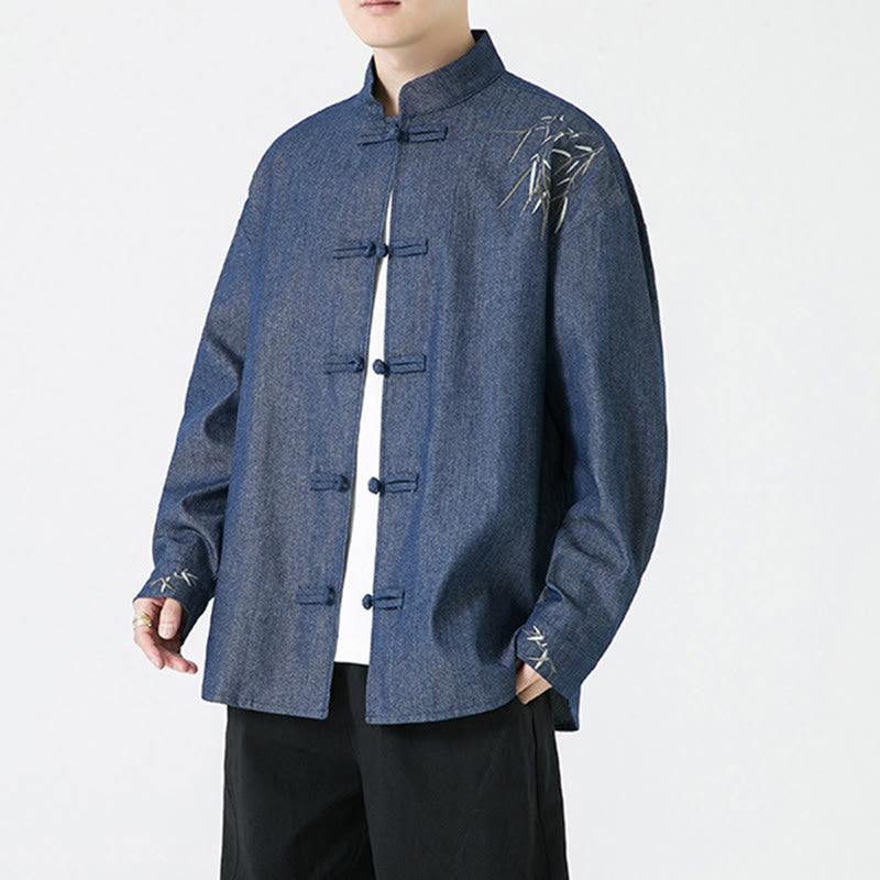 Buddha Stones Bambusowe Liście Wzór Żaba-guzik Tang Suit Bawełniana Męska Kurtka Koszula