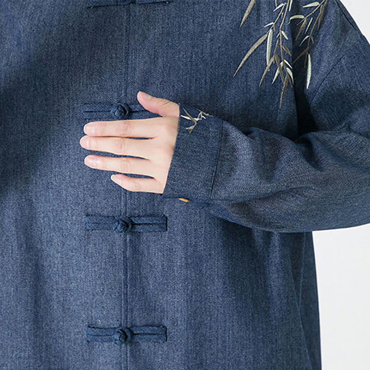 Buddha Stones Bambusowe Liście Wzór Żaba-guzik Tang Suit Bawełniana Męska Kurtka Koszula