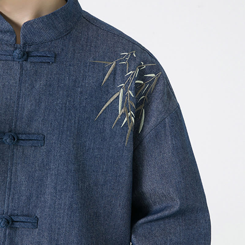 Buddha Stones Bambusowe Liście Wzór Żaba-guzik Tang Suit Bawełniana Męska Kurtka Koszula