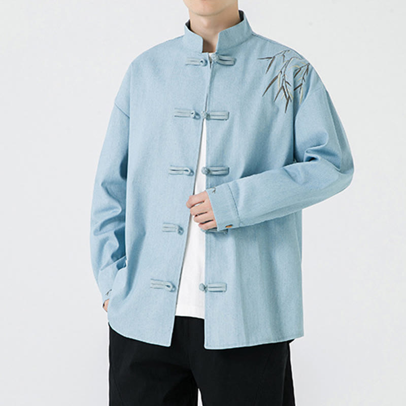 Buddha Stones Bambusowe Liście Wzór Żaba-guzik Tang Suit Bawełniana Męska Kurtka Koszula