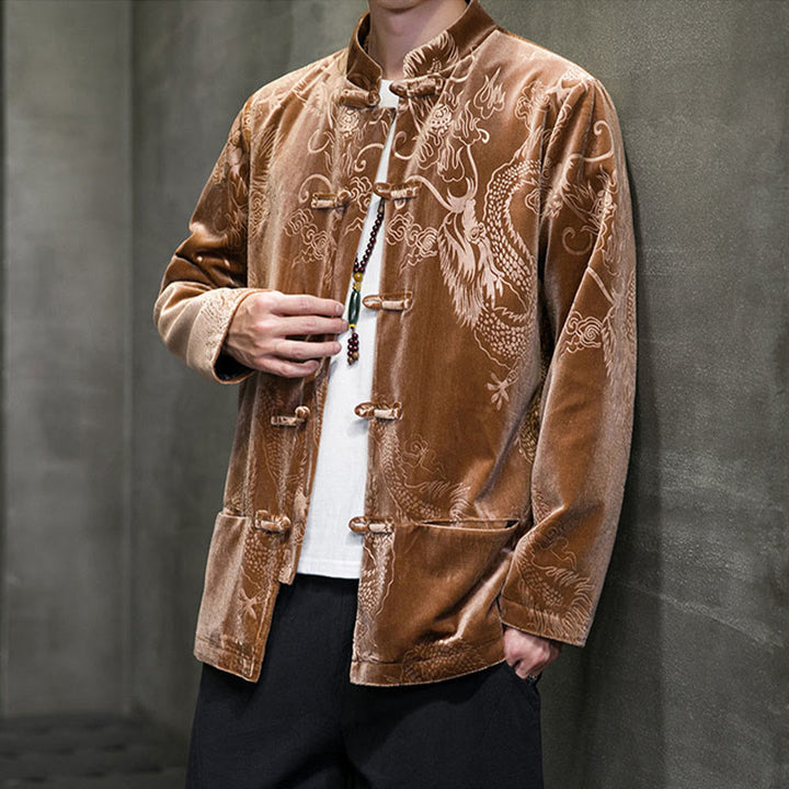 Buddha Stones Męski Żabkowy Garnitur Tang Wzór Smoka Lisvelte Bawełniana Kurtka Koszula Z Kieszeniami - image 5