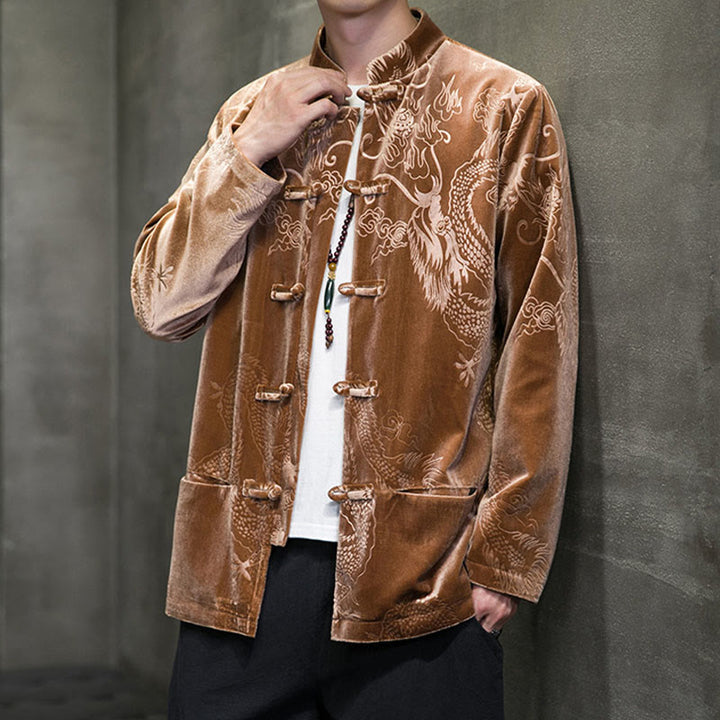 Buddha Stones Męski Żabkowy Garnitur Tang Wzór Smoka Lisvelte Bawełniana Kurtka Koszula Z Kieszeniami - image 7