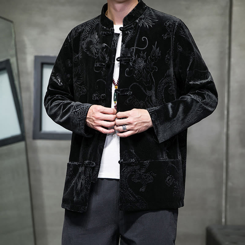 Buddha Stones Męski Żabkowy Garnitur Tang Wzór Smoka Lisvelte Bawełniana Kurtka Koszula Z Kieszeniami - image 14