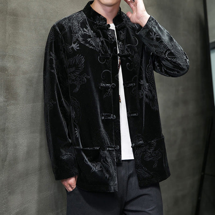 Buddha Stones Męski Żabkowy Garnitur Tang Wzór Smoka Lisvelte Bawełniana Kurtka Koszula Z Kieszeniami - image 15