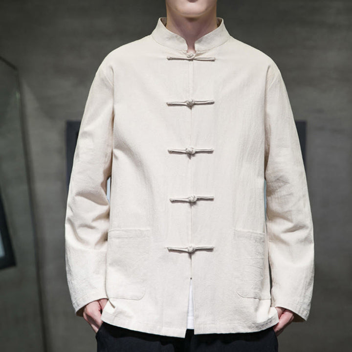 Buddha Stones Jednokolorowy Żabka-guzik Garnitur Tang Bawełna Lniana Męska Kurtka Koszula Z Kieszeniami - image 17