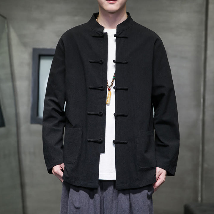 Buddha Stones Jednokolorowy Żabka-guzik Garnitur Tang Bawełna Lniana Męska Kurtka Koszula Z Kieszeniami - Czarny - US/UK/AU46， EU56 (5XL) - image 45