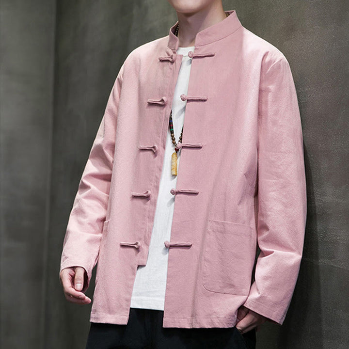 Buddha Stones Jednokolorowy Żabka-guzik Garnitur Tang Bawełna Lniana Męska Kurtka Koszula Z Kieszeniami - image 27