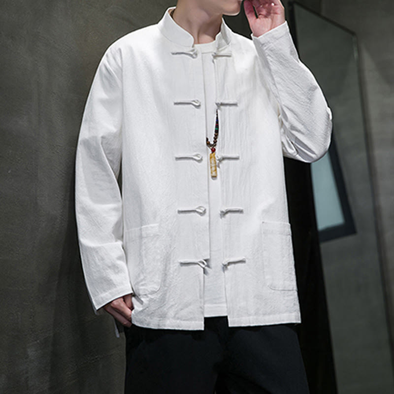 Buddha Stones Jednokolorowy Żabka-guzik Garnitur Tang Bawełna Lniana Męska Kurtka Koszula Z Kieszeniami - image 43