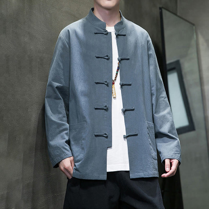 Buddha Stones Jednokolorowy Żabka-guzik Garnitur Tang Bawełna Lniana Męska Kurtka Koszula Z Kieszeniami - image 4