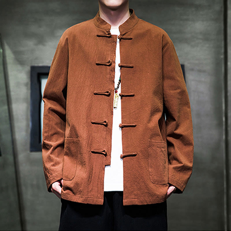 Buddha Stones Jednokolorowy Żabka-guzik Garnitur Tang Bawełna Lniana Męska Kurtka Koszula Z Kieszeniami - Czekolada - US/UK/AU46， EU56 (5XL) - image 19