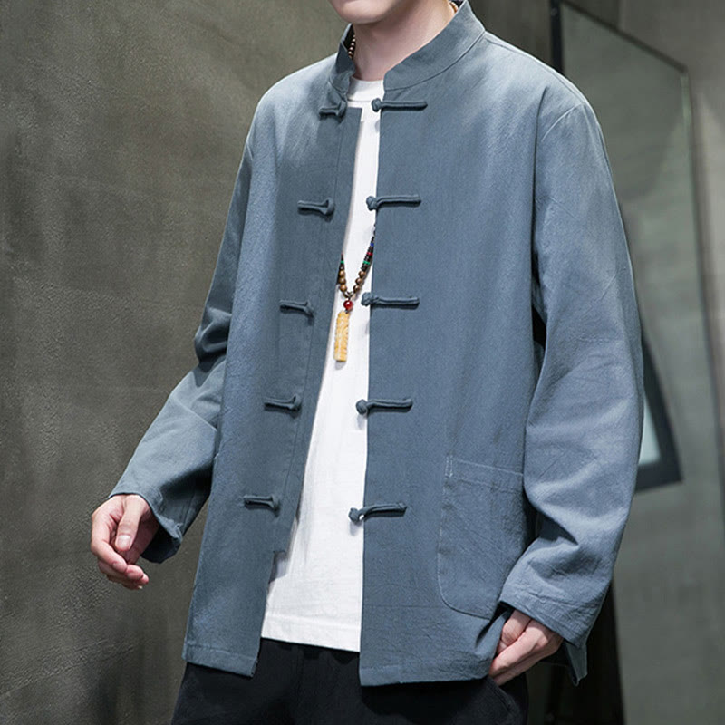 Buddha Stones Jednokolorowy Żabka-guzik Garnitur Tang Bawełna Lniana Męska Kurtka Koszula Z Kieszeniami - image 1