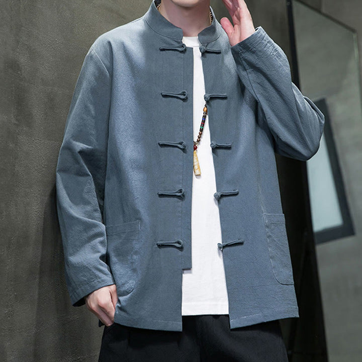 Buddha Stones Jednokolorowy Żabka-guzik Garnitur Tang Bawełna Lniana Męska Kurtka Koszula Z Kieszeniami - image 2
