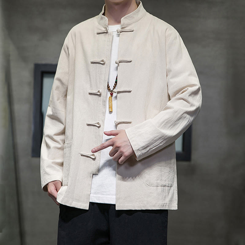 Buddha Stones Jednokolorowy Żabka-guzik Garnitur Tang Bawełna Lniana Męska Kurtka Koszula Z Kieszeniami - image 16