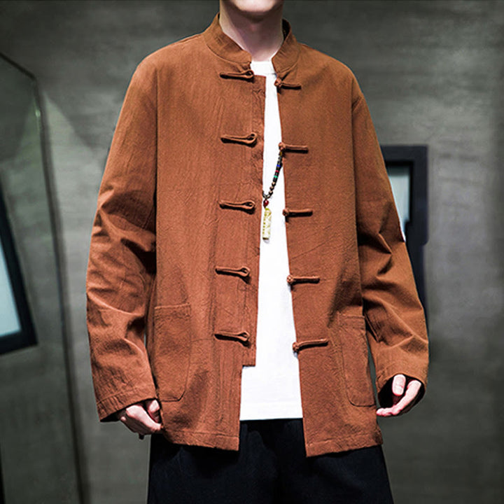 Buddha Stones Jednokolorowy Żabka-guzik Garnitur Tang Bawełna Lniana Męska Kurtka Koszula Z Kieszeniami - image 21