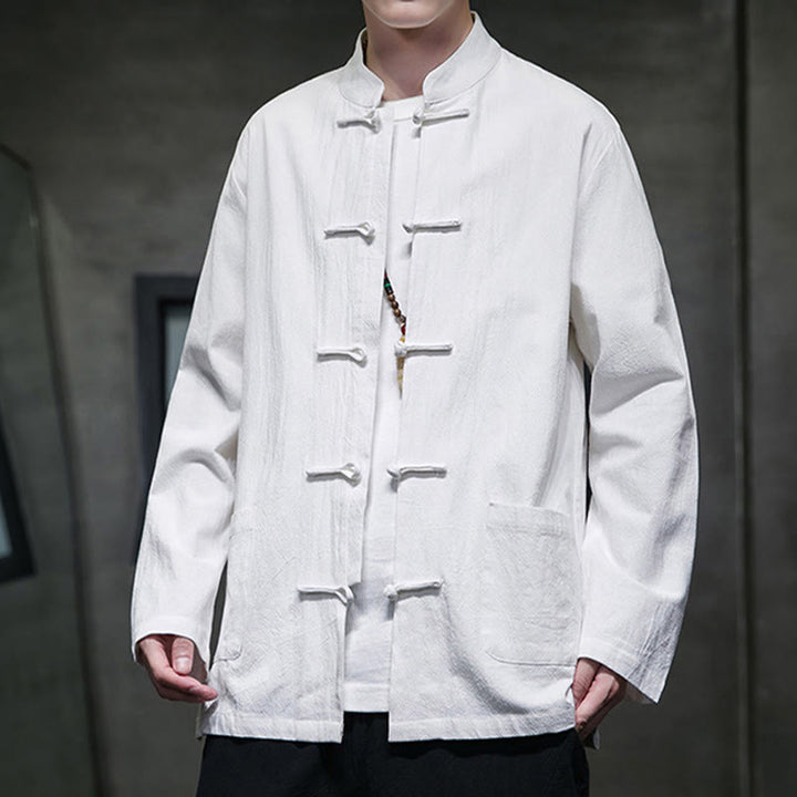 Buddha Stones Jednokolorowy Żabka-guzik Garnitur Tang Bawełna Lniana Męska Kurtka Koszula Z Kieszeniami - image 41