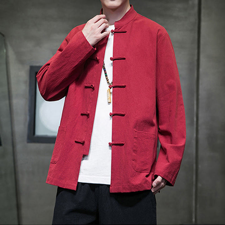 Buddha Stones Jednokolorowy Żabka-guzik Garnitur Tang Bawełna Lniana Męska Kurtka Koszula Z Kieszeniami - image 37