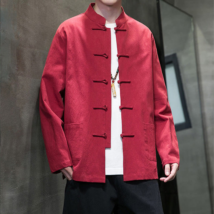 Buddha Stones Jednokolorowy Żabka-guzik Garnitur Tang Bawełna Lniana Męska Kurtka Koszula Z Kieszeniami - image 36