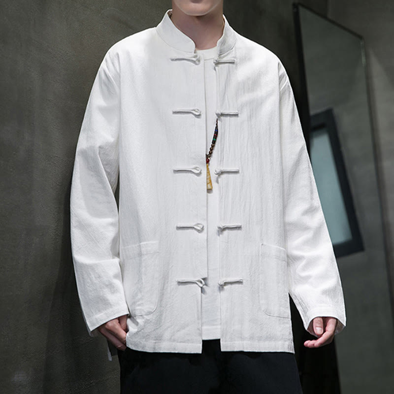 Buddha Stones Jednokolorowy Żabka-guzik Garnitur Tang Bawełna Lniana Męska Kurtka Koszula Z Kieszeniami - image 42