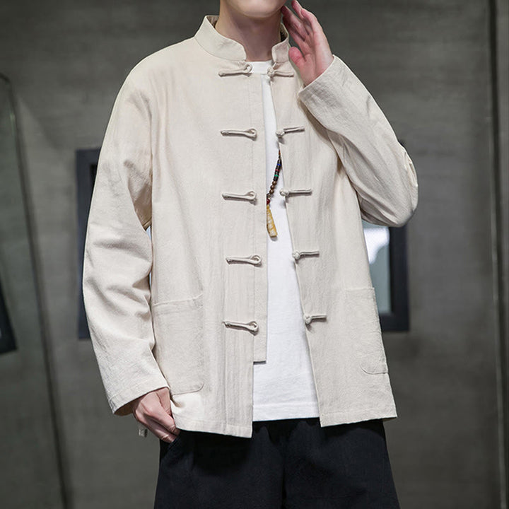 Buddha Stones Jednokolorowy Żabka-guzik Garnitur Tang Bawełna Lniana Męska Kurtka Koszula Z Kieszeniami - image 15