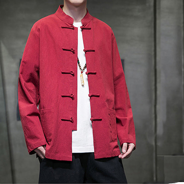 Buddha Stones Jednokolorowy Żabka-guzik Garnitur Tang Bawełna Lniana Męska Kurtka Koszula Z Kieszeniami - image 34