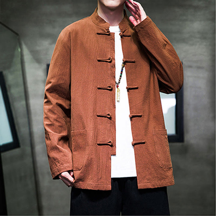 Buddha Stones Jednokolorowy Żabka-guzik Garnitur Tang Bawełna Lniana Męska Kurtka Koszula Z Kieszeniami - image 22