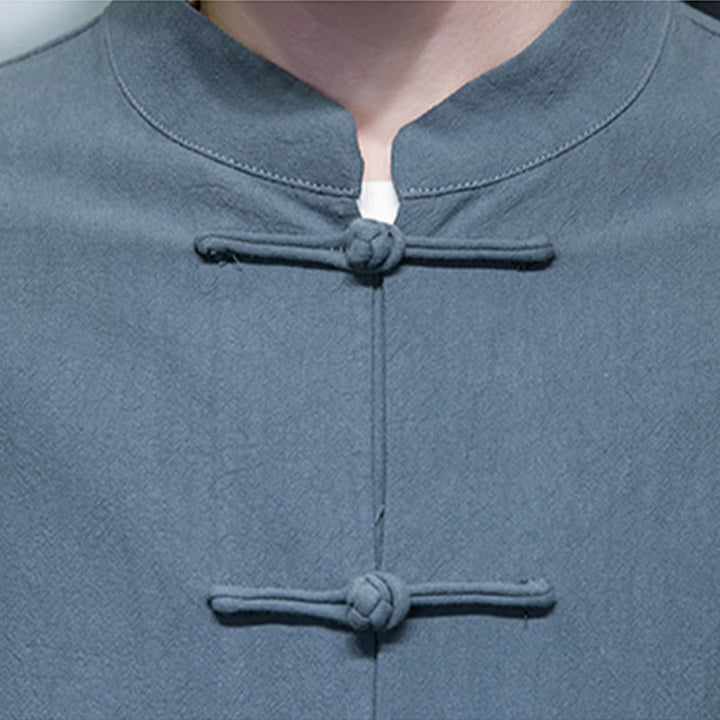 Buddha Stones Jednokolorowy Żabka-guzik Garnitur Tang Bawełna Lniana Męska Kurtka Koszula Z Kieszeniami - image 8