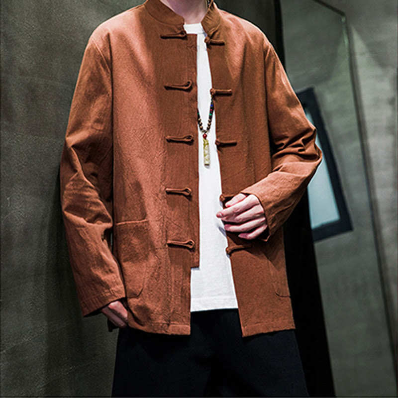 Buddha Stones Jednokolorowy Żabka-guzik Garnitur Tang Bawełna Lniana Męska Kurtka Koszula Z Kieszeniami - image 20