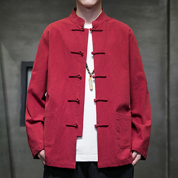 Buddha Stones Jednokolorowy Żabka-guzik Garnitur Tang Bawełna Lniana Męska Kurtka Koszula Z Kieszeniami - Karmazynowy - US/UK/AU46， EU56 (5XL) - image 33
