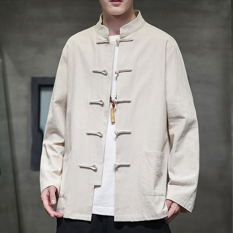 Buddha Stones Jednokolorowy Żabka-guzik Garnitur Tang Bawełna Lniana Męska Kurtka Koszula Z Kieszeniami - image 14