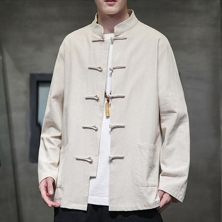 Buddha Stones Jednokolorowy Żabka-guzik Garnitur Tang Bawełna Lniana Męska Kurtka Koszula Z Kieszeniami - image 14